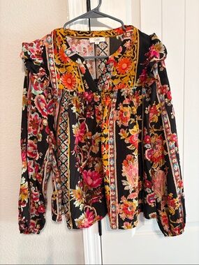 Obey Floral Long-Sleeve Peasant Blouse in Black with Pink & Orange Flowers